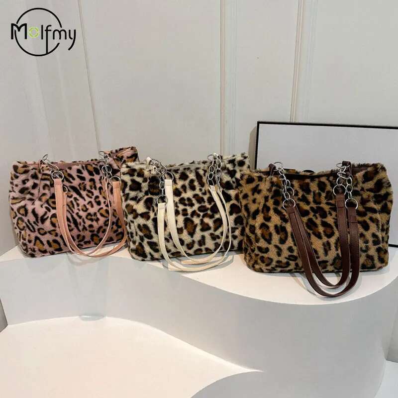 Plush Underarm Handbag Women Leopard Tote Bags Lady Fluffy Shoulder Chain Large Capacity Commuter Handle Bag