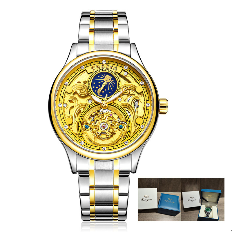 Men's Waterproof Skeleton Tourbillon Watch with Moon Phase and Automatic Movement