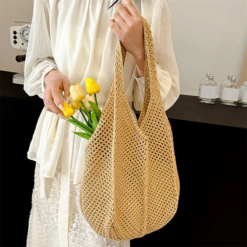 Women Crochet Tote Bag Fashion Hollow Out Knitted Large Capacity Handbag Female Summer Beach Solid Color Woven Shoulder 250107