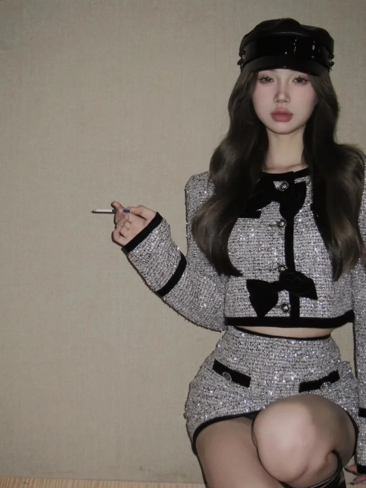 Elegant Bow-tie Round Neck Long Sleeve Coat for Women Autumn Bodycon Skirt Slimming Short Skirt Two-piece Set High Quality 250109