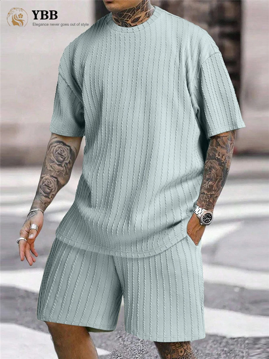 Mens Two Piece Suits Fashion Solid Stripe Shortsleeve Tshirts Shorts Men Spring Summer Clothing Casual Gym Sets Streetwear y250110
