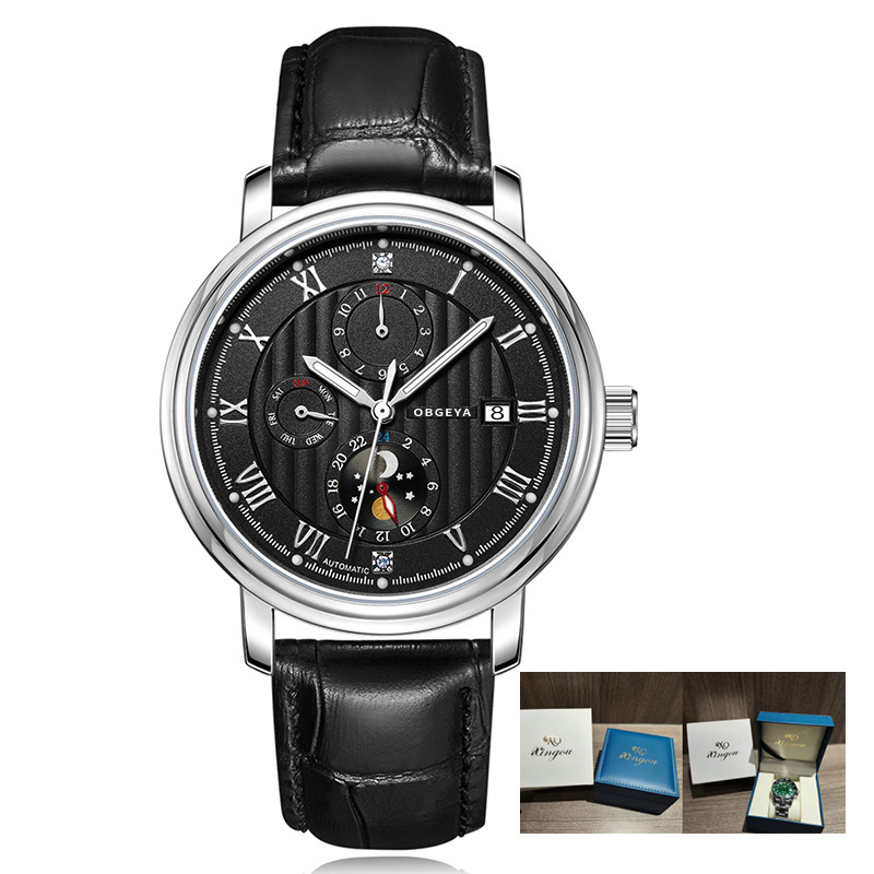 Men's Fashionable Automatic Mechanical Watch with Leather Strap and Night Glow