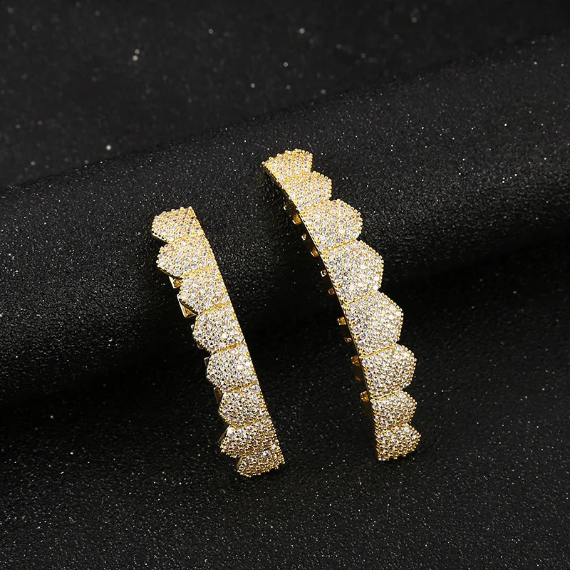 Gold Silver Longer Shape Iced Out Teeth Hip Hop 8/8 Top Bottom Grills Dental Mouth Punk Teeth Caps Cosplay Party 250107