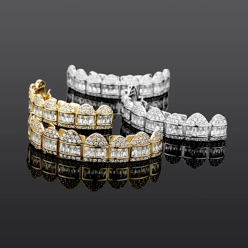 Hip Hop Gold Silver Baguette Stones Iced Out CZ Teeth Caps Cubic Zircon Top Bottom Charm Grills For Men Women Jewelry 250107