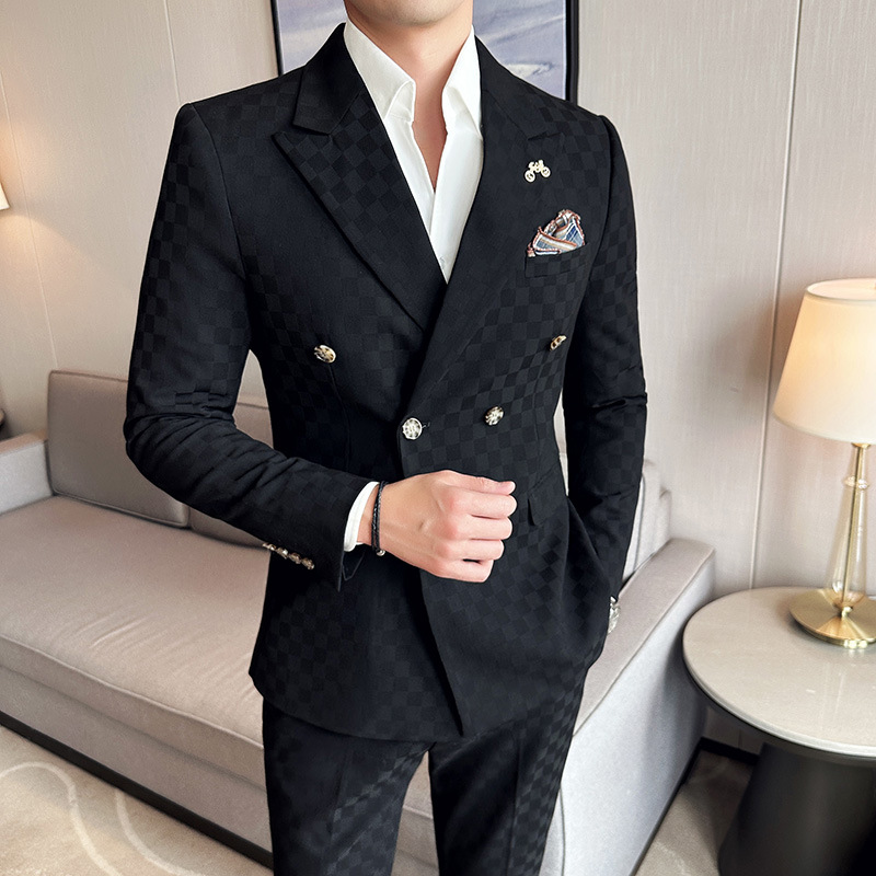 H447 Men's Korean style slim fit stylish plaid double-breasted business suit