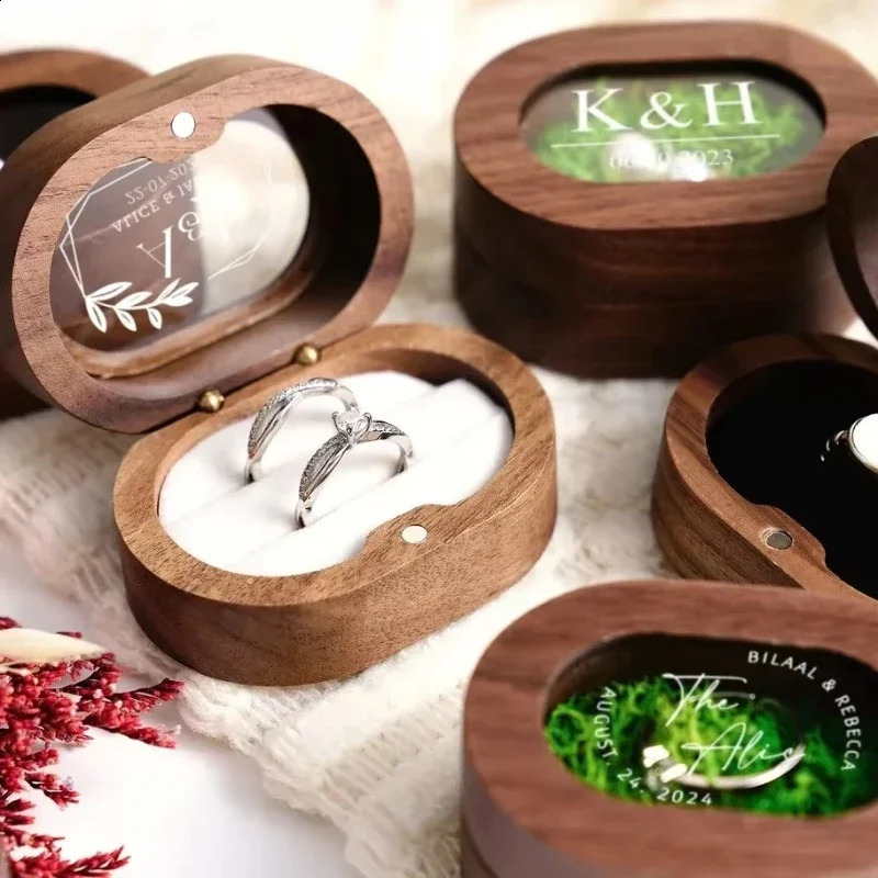 1PCS Free Engraved Oval Ring Wooden Box Personalized Double Slot Ring Bearer Proposal Holder Box For Wedding Bridal Gift For Her 250106