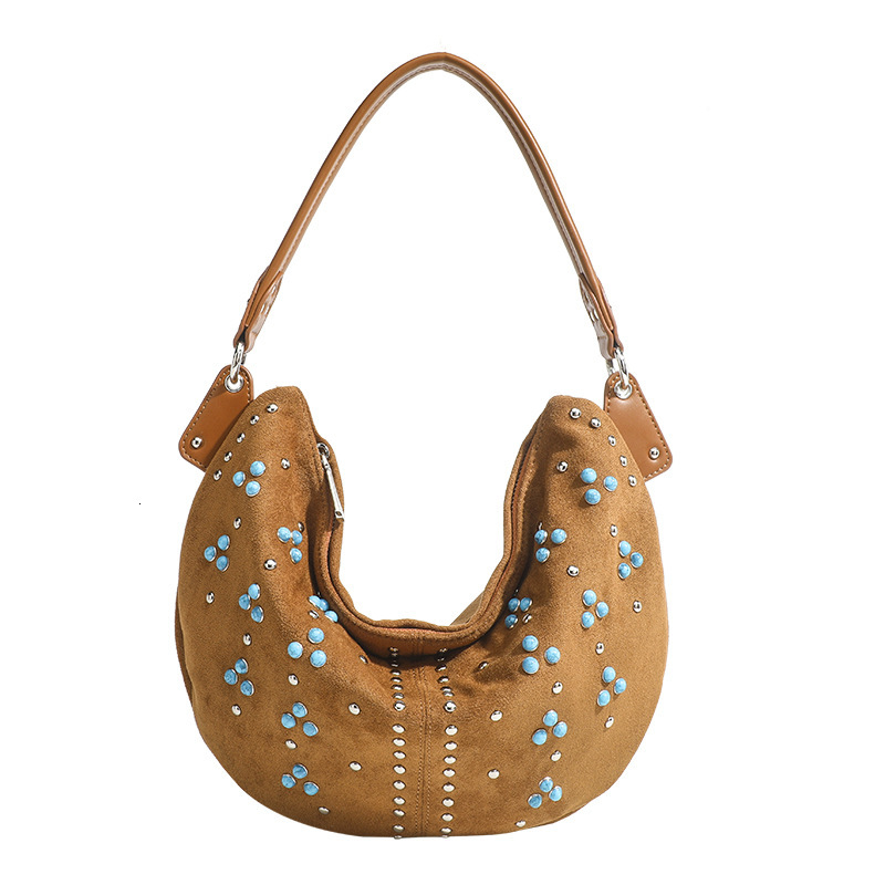 Underarm Single Shoulder Made Of Suede Tote Bag With Niche Design For Women's Designer Handbag Rivet Frosted Handheld Crossbody Bag Crescent Shap