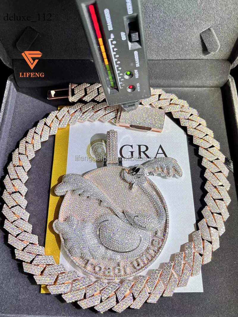 Fashion Design Solid Sier Gra Moissanite 18mm 20mm Wide Dia Iced Out Pendant Necklace Cuban k Chain for Rapper
