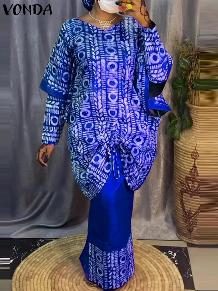 Plus Size 5XL VONDA Printed Outfit Sets 2024 Bohemian Elegant Long Sleeve TopHalf Skirt TwoPiece Casual Loose Suit 250106