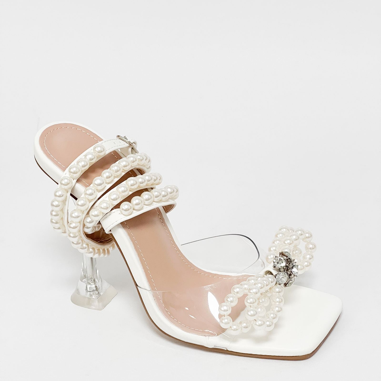 High Heeled Sandals, Bow Tie, Pearl Rhinestones, Transparent Women's High Heels