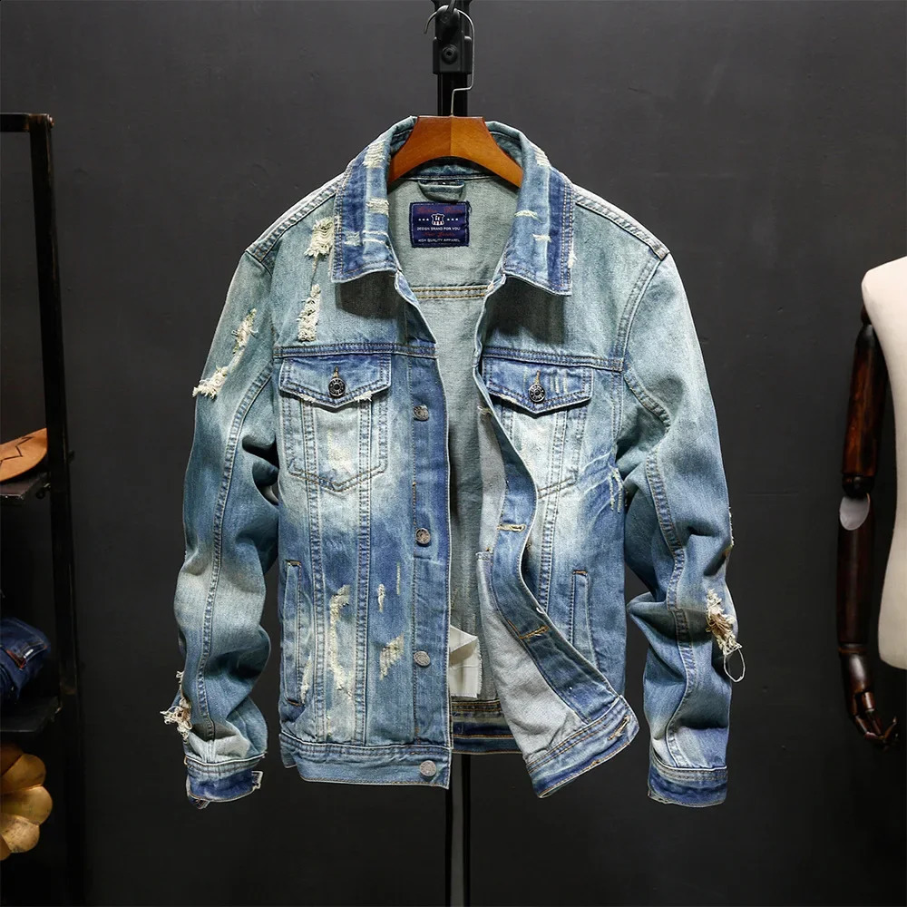Mens Retro Ripped Denim Jacket Fashion Washed Top Outerwear 250110Z