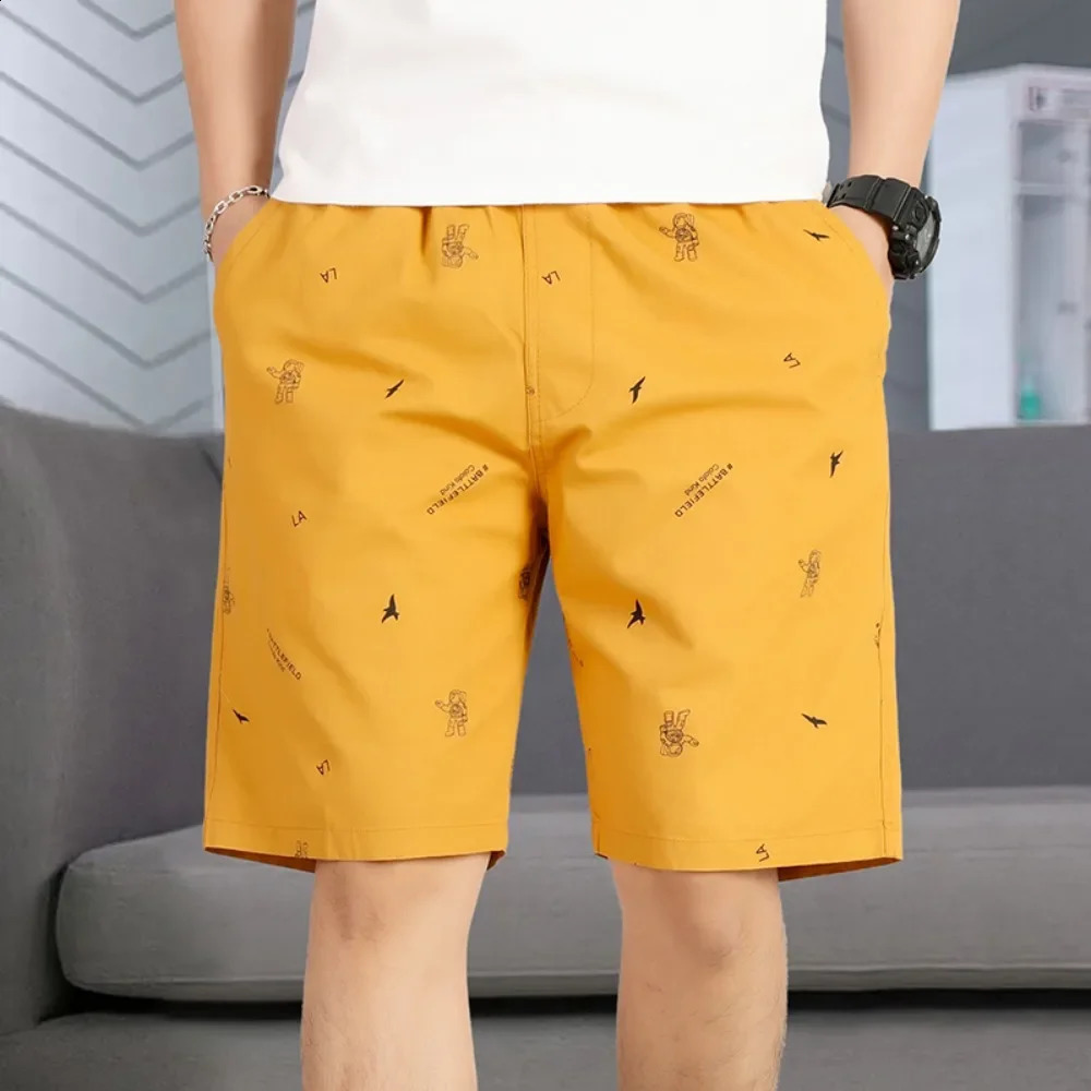 Mens Summer Casual Shorts Hawaiian Drawstring Beach with Pockets Yellow Cotton Pants 250103
