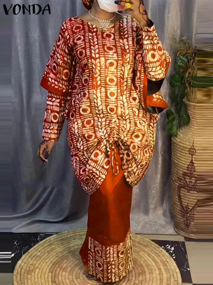Plus Size 5XL VONDA Printed Outfit Sets 2024 Bohemian Elegant Long Sleeve TopHalf Skirt TwoPiece Casual Loose Suit 250106