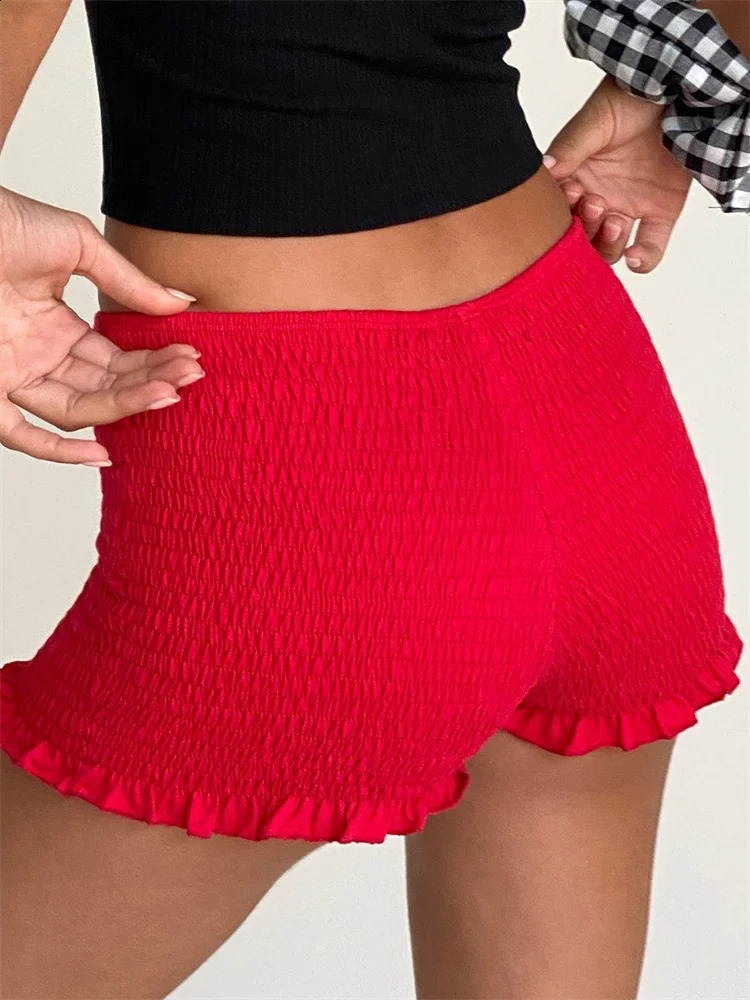 CHRONSTYLE Women Ruched Shorts Slim Fit Casual Elastic Waist Solid Color Ruffles Short Pants for Summer Party Clubwear 2024 250107