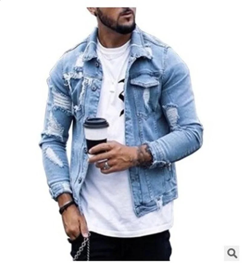 Fashion Men Jackets Spring Autumn Lapel Mens Denim Jacket Holes Irregular Washing Long Sleeve Cardigan Tops 250110Z