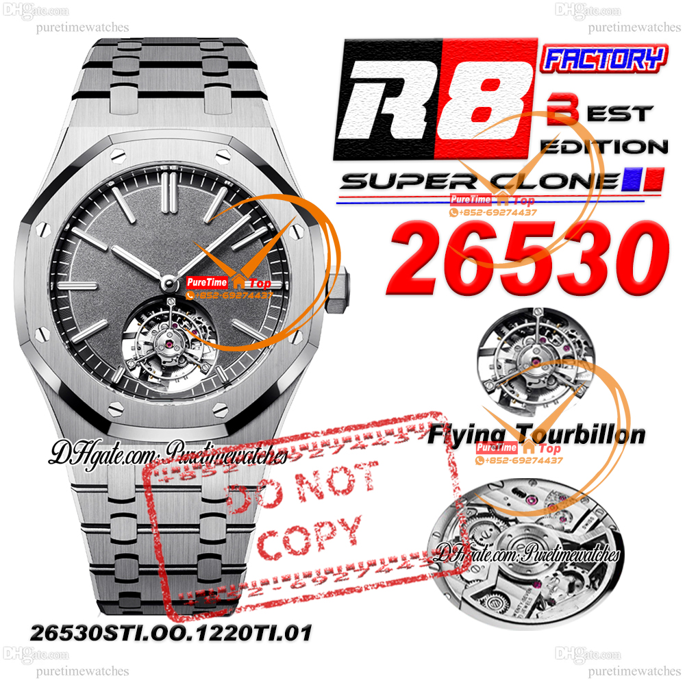 26530 Real Tourbillon A2950 Automatic Mens Watch R8F 42 Gray Textured Dial Stick Markers Stainless Steel Bracelet Puretimewatches CHS Reloj Hombre