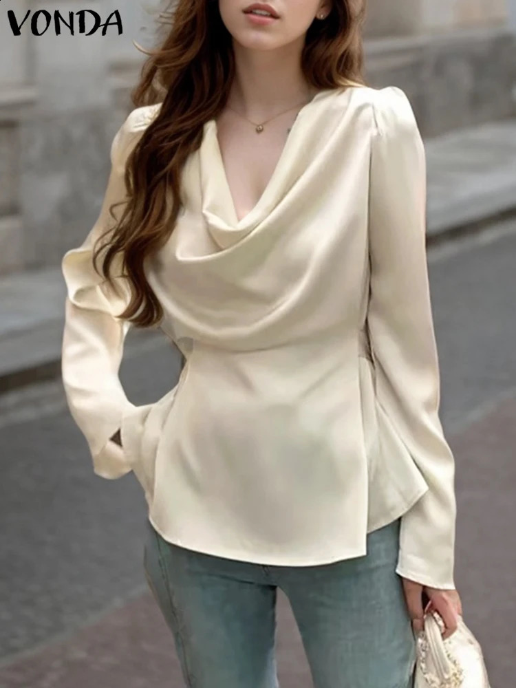 VONDA Women Satin Silk Blouses 2024 Elegant Long Sleeve Tops Casual Pile Collar Blusas Solid Color Pullover Lady Office Tunics 250107