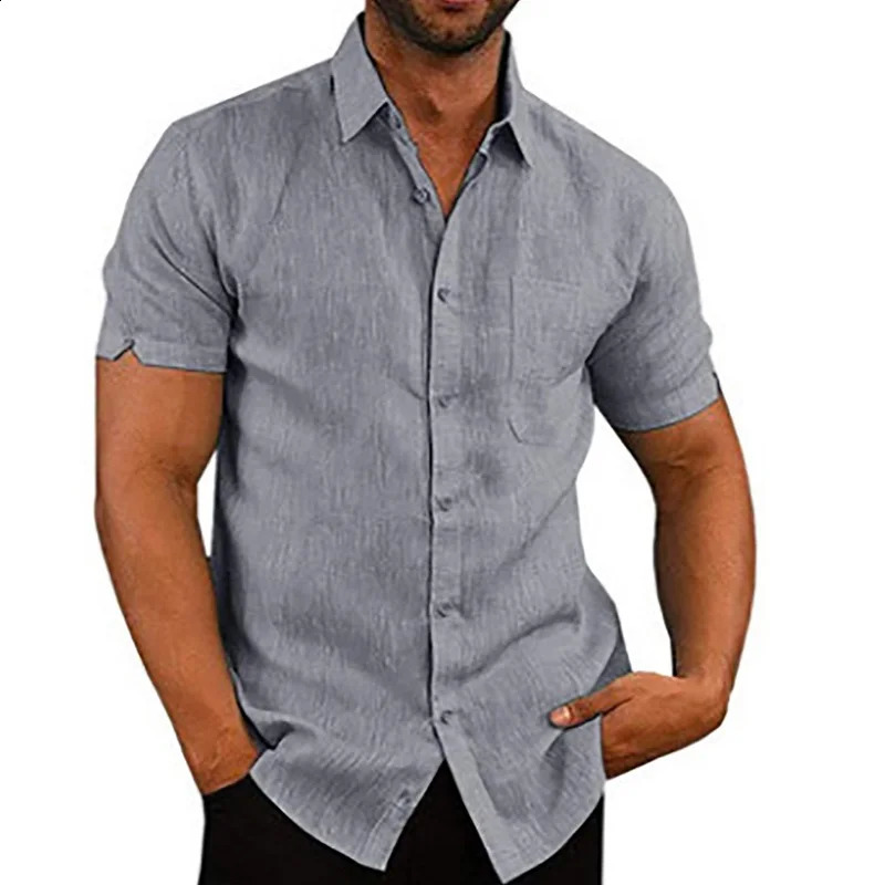 Summer Mens Short Sleeve Shirt Fashion Solid Color Linen Cotton Breathable Leisure Lapel Button T-shirt Business Casual Shirt 250108