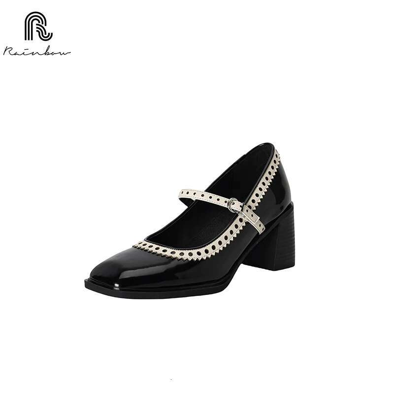 RAINBOW 34-39 Women Mary Jane One Strap French Style Vintage Shoes Spring Atumn Buckle Thick Heeled Pumps Cowhide Retro