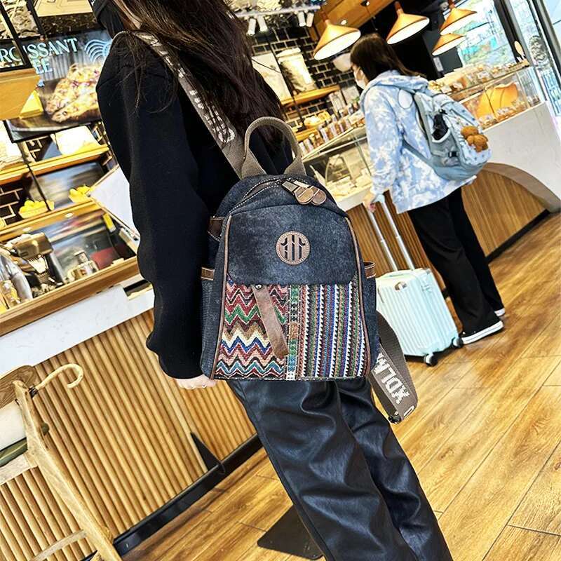 Student Retro Fashion Embroidered Denim Multi Purpose Travel Backpack Cross Shoulder