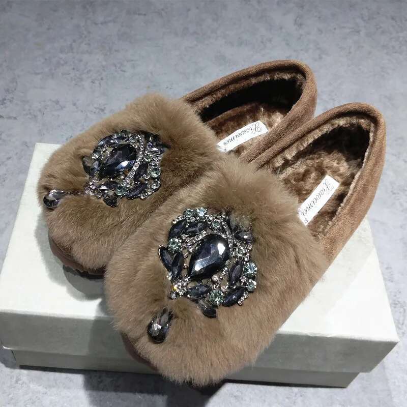 Thicken Fur Brand Snow Loafers 2019 Popular Plush Female Shoes Warm Big Crystal Flexible Peas Oxfords Korean Ballet Flats