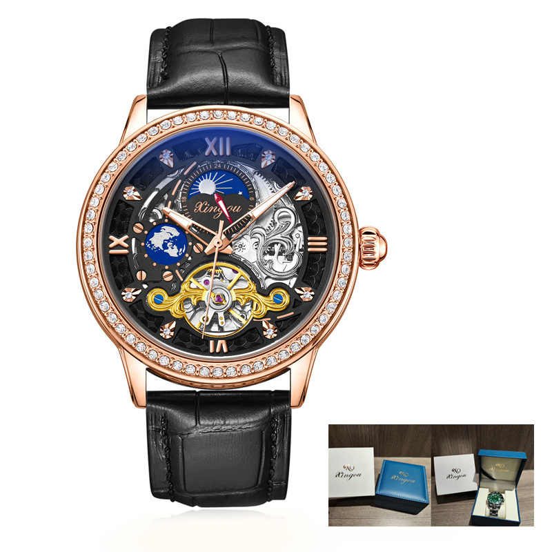 Luxury Skeleton Tourbillon Automatic Mechanical Watch with Moon Phase and Waterproof Leather Strap for Men