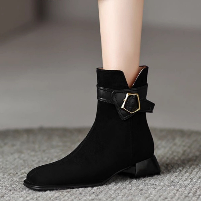 Fashionable Matte Leather Short For Women, Square Toe Spring And Autumn Single Boots, Versatile French Buckle Splicing, Mid Heel Martin Boots