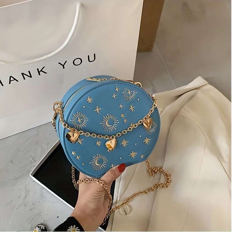 Mini Embroidered Round Chain Heart Decor Crossbody Bag, Star Moon Pattern Circle Purse Valentine's Day Gift