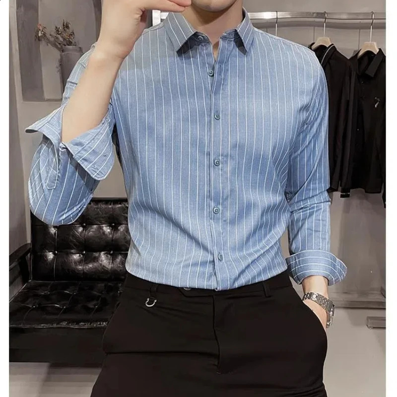 Mens Retro Formal Casual Shirt Pockets Striped Contrast Color Long Sleeve Cardigan Button Turn-down Collar Spring Autumn Tops 250108