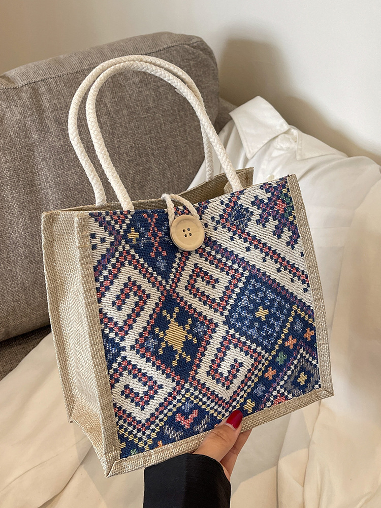 Ethnic Style Canvas Women Designer Handbag In Summer New Fashion For Going Out Portable Linen Lunch Box Bento Bag Hand-held Mommy Bag