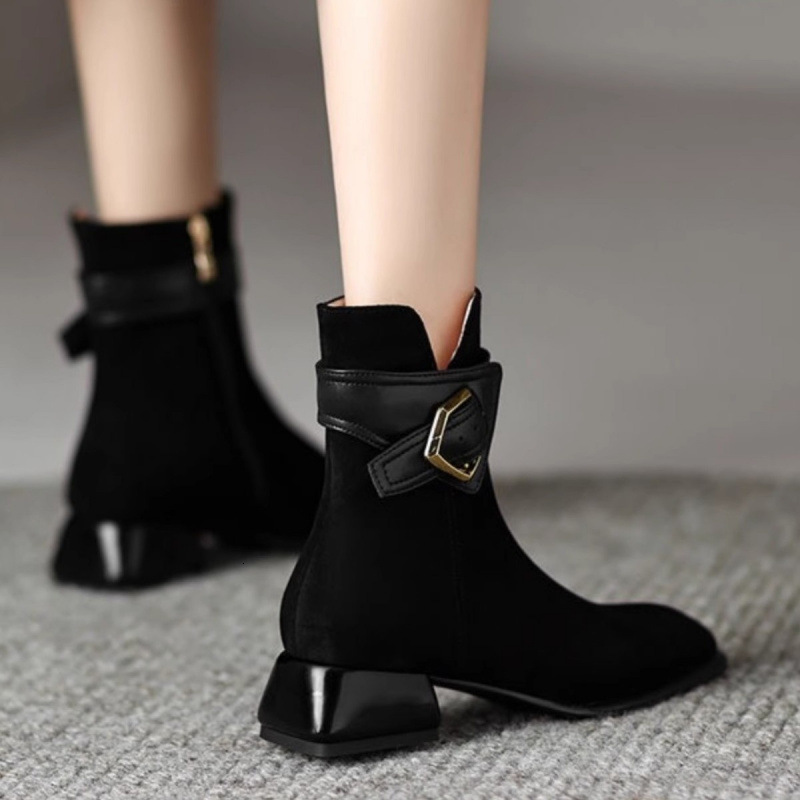 Fashionable Matte Leather Short For Women, Square Toe Spring And Autumn Single Boots, Versatile French Buckle Splicing, Mid Heel Martin Boots