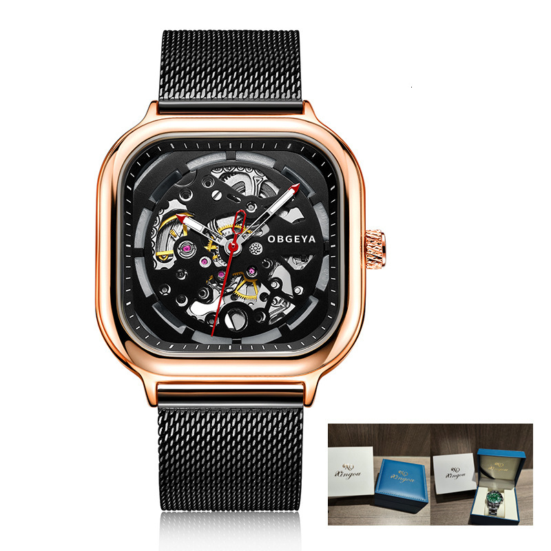 Men's Fashionable Waterproof Skeleton Automatic Mechanical Watch with Square Large Dial