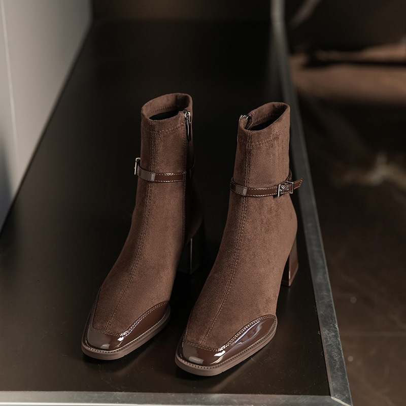 5598-2 Ankela Red Cashmere Splicing Square Head Short Boots For Women, Thick Heels, Thin Versatile Martin Boots, Autumn