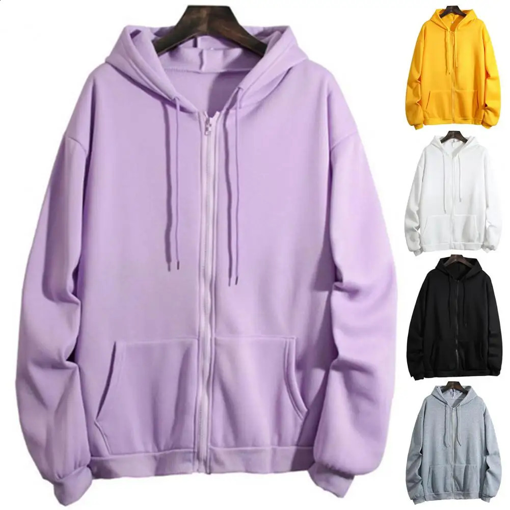 Fleece Lining Women Sweatshirt Plush Lining Solid Color Loose Harajuku Thick Hoodie Zipper Closure Simple Fashion Sweatshirt 250106