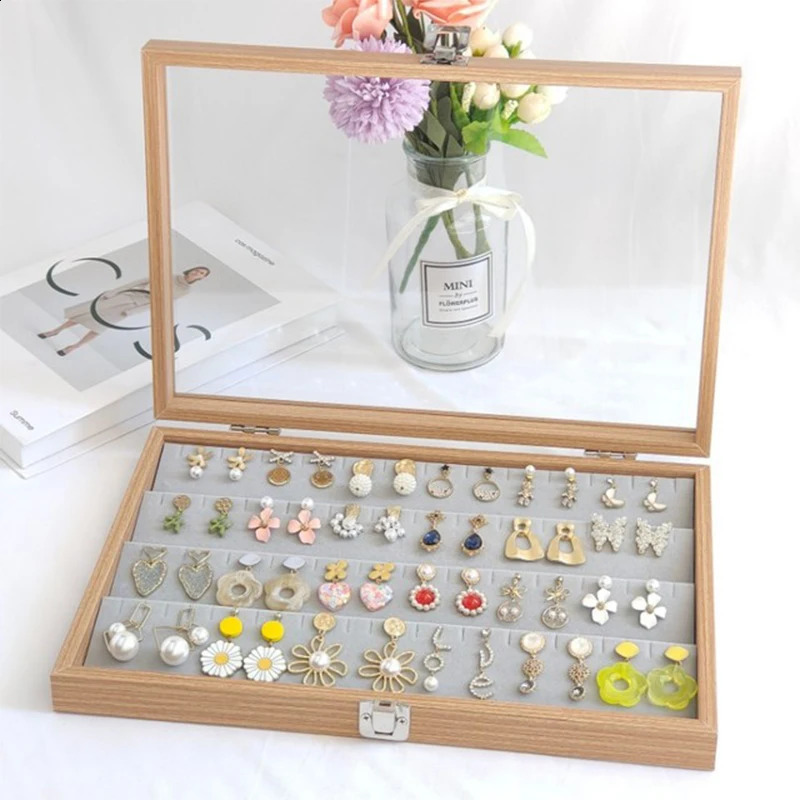 Transparent Lid Jewelry Box Wooden Storage Box Grid Jewelry Tray Showcase Lockable Jewelry Storage Organizer Earrings Necklace 250106