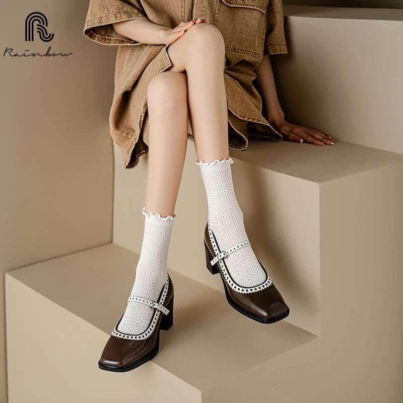 RAINBOW 34-39 Women Mary Jane One Strap French Style Vintage Shoes Spring Atumn Buckle Thick Heeled Pumps Cowhide Retro