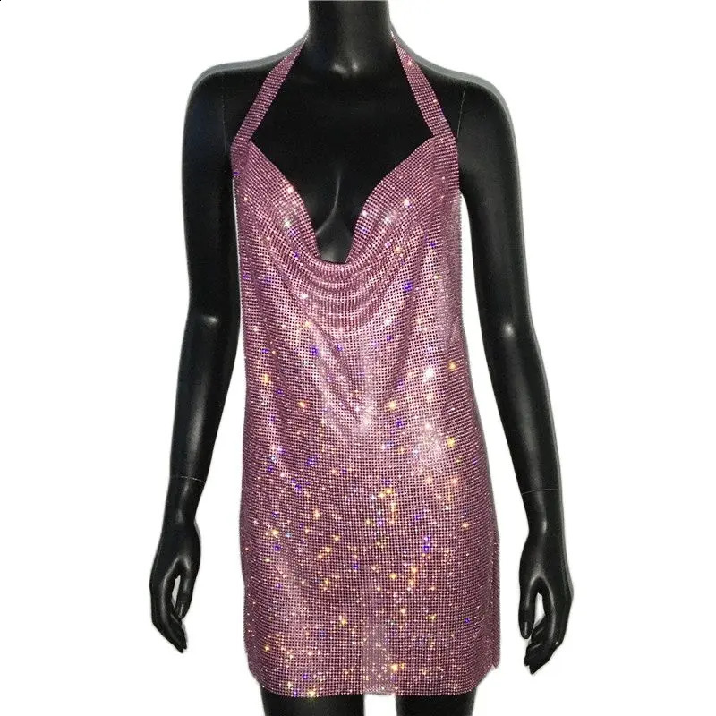 Sexy Backless V Neck Mini Dress For Women Shiny Rhinestone Halter Neck Side Split Sleeveless Dress Party Club Evening Dresses 250106