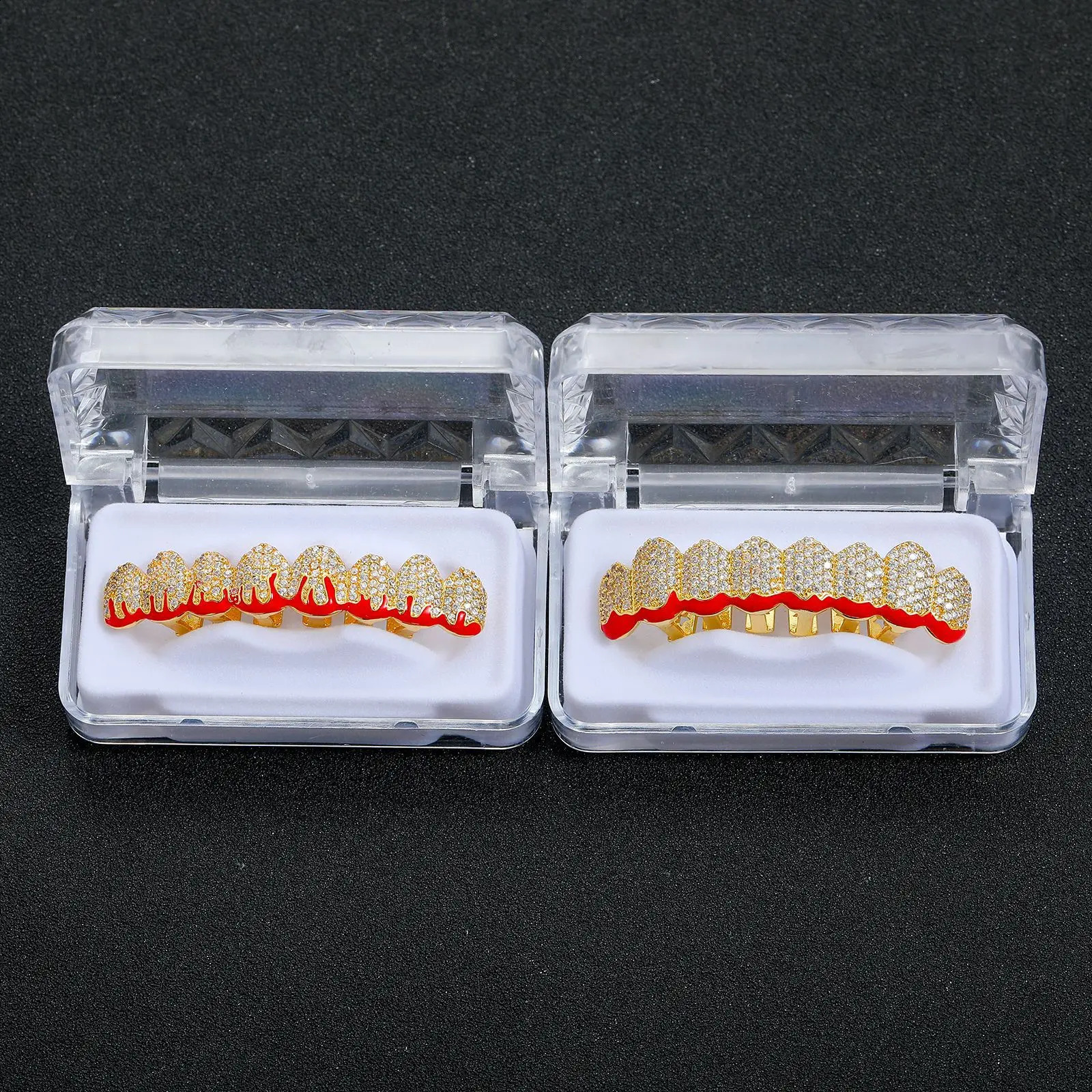 CZ Teeth Caps Red Drip Oil Cubic Zircon Iced Out Micro Pave Top Bottom Charm Grills For Men Women Jewelry Xmas Gift 250107