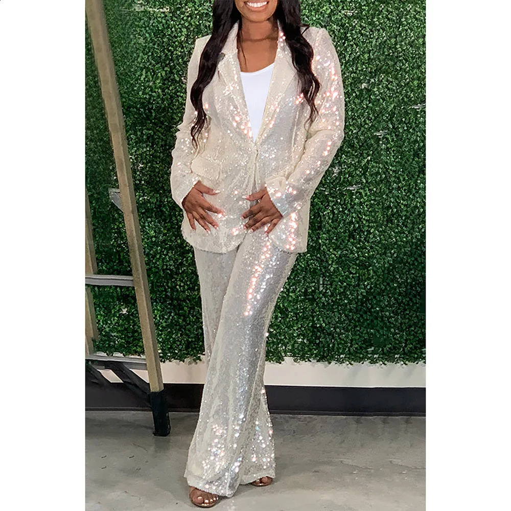 Plus Size Cocktail Party Pant Set White Sequin Lapel Long Sleeve Blazer Suit Two Piece 250106