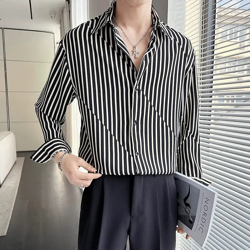 Korean Leisure Hipster Creative ity Handsome Senior Drape Trend Stripe Temperament Mens Long Sleeved Shirt Autumn 250108