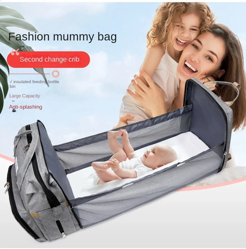 Fashionable Large Capacity Handheld Mommy Bag Folding Baby Bed Mother and Baby Bag Milk Bottle Diaper Double Shoulder Mom Bag 250106
