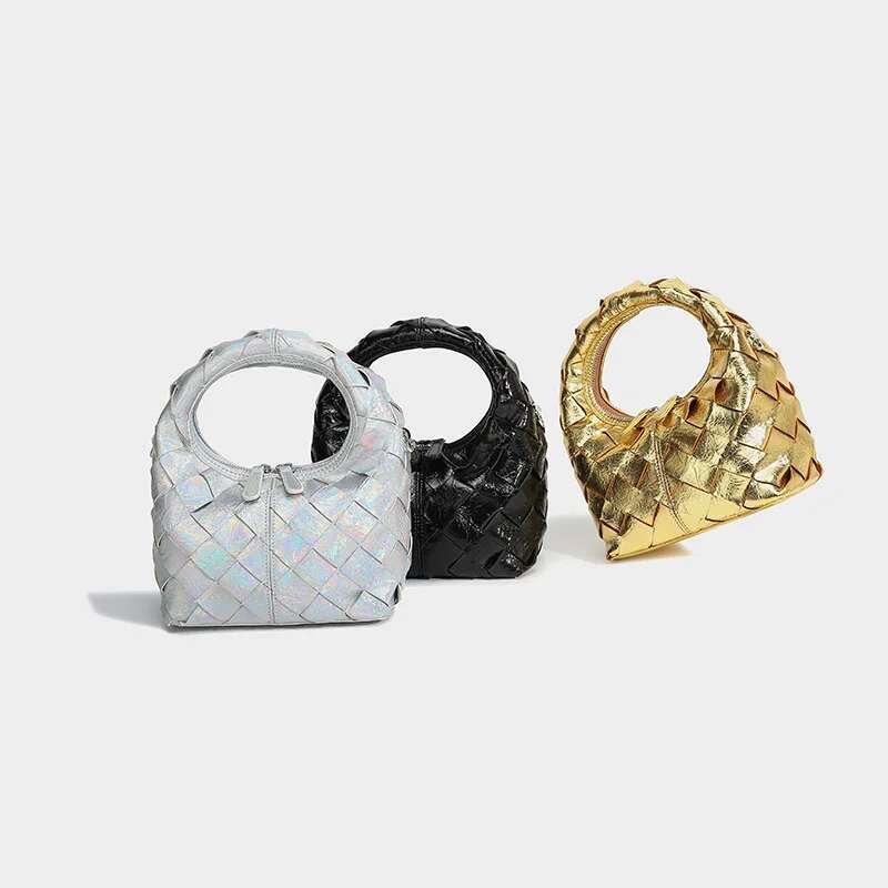 Niche Design Women's Handmade Woven Handbag Ladies New High Quality Sier PU Shoulder Adult Crossbody Dumpg Bag