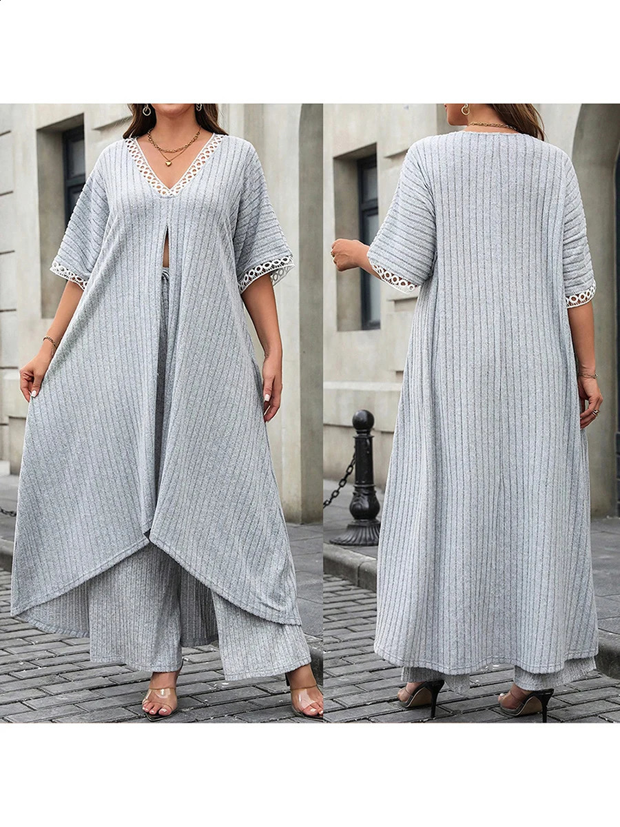 Women Plus Size Outfits Casual Loose Lace Patchwork VNeck Split Long Tops and Elastic Pants Set Streetwear 250106