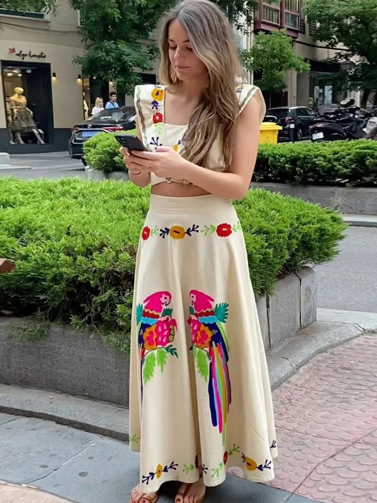 Fashion Print Crop Top Skirt Suits Women Chic Flying Sleeve Square Neck Sleeveless Set High Waisted Pleated Skirt 2024 Outfits 250109