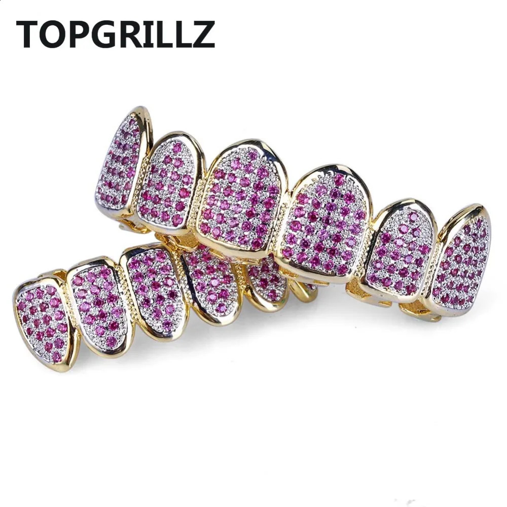 Fit Hip Hop Gold Teeth Caps Micro Pave Fuchsia Cubic Zirconia Top Bottom Grills Set for Christmas Gift Women 250107