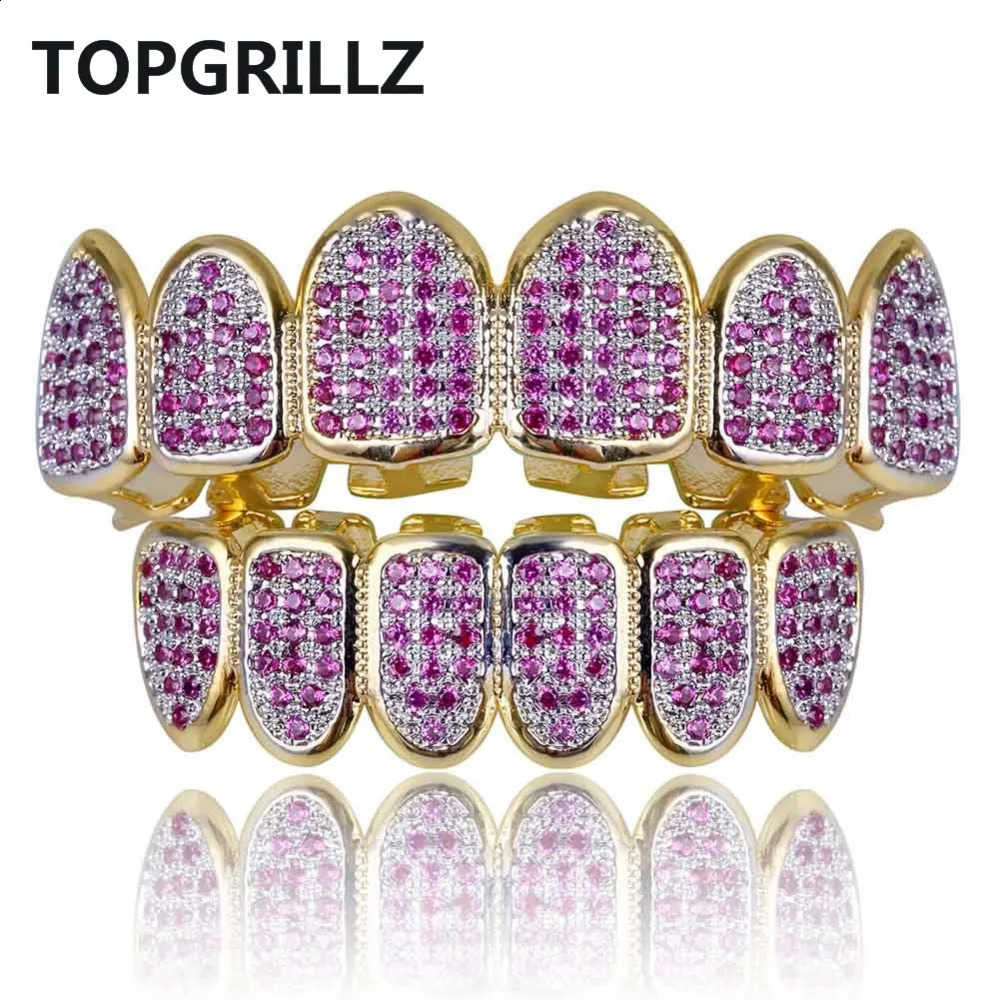 Fit Hip Hop Gold Teeth Caps Micro Pave Fuchsia Cubic Zirconia Top Bottom Grills Set for Christmas Gift Women 250107