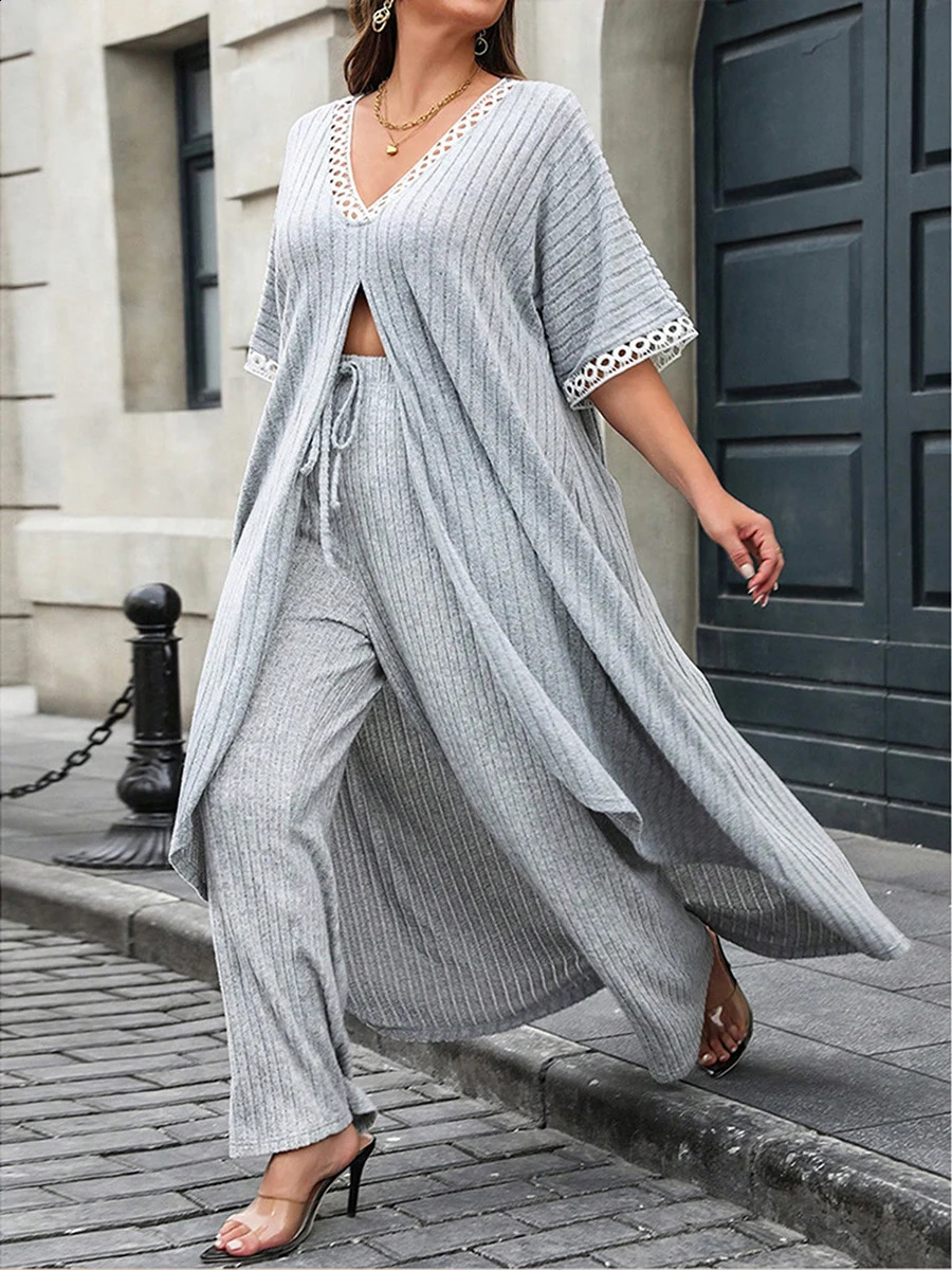 Women Plus Size Outfits Casual Loose Lace Patchwork VNeck Split Long Tops and Elastic Pants Set Streetwear 250106