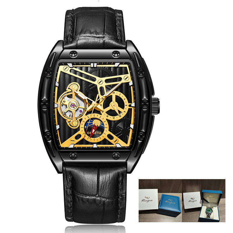 Luxury Barrel-Shaped Automatic Mechanical Watch with Skeleton, Night Glow, and Waterproof Leather Strap for Men