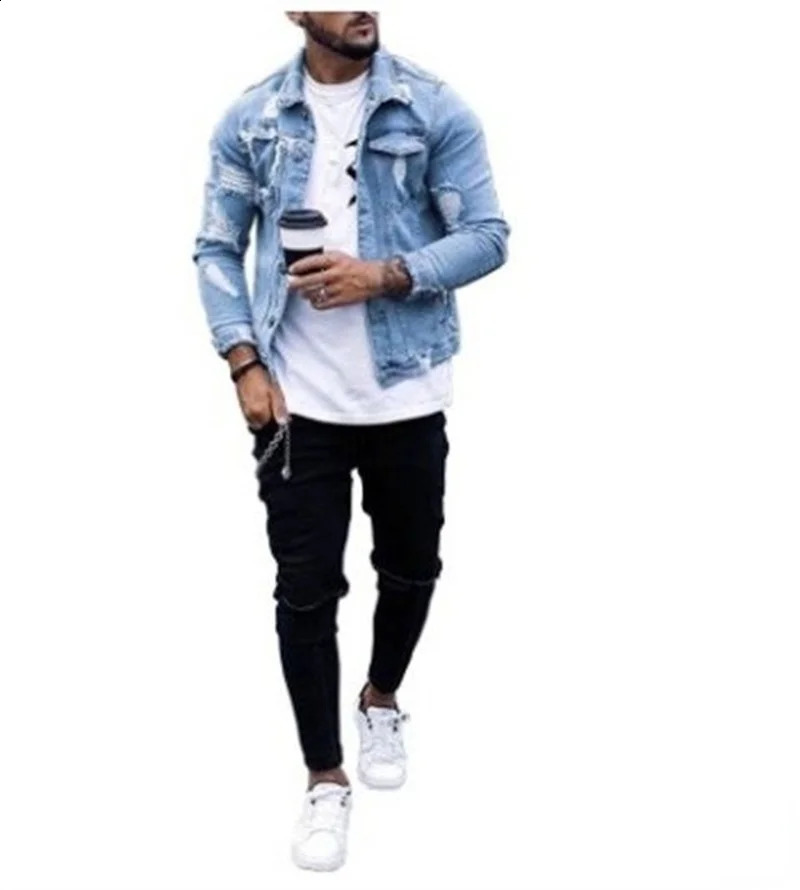 Fashion Men Jackets Spring Autumn Lapel Mens Denim Jacket Holes Irregular Washing Long Sleeve Cardigan Tops 250110Z