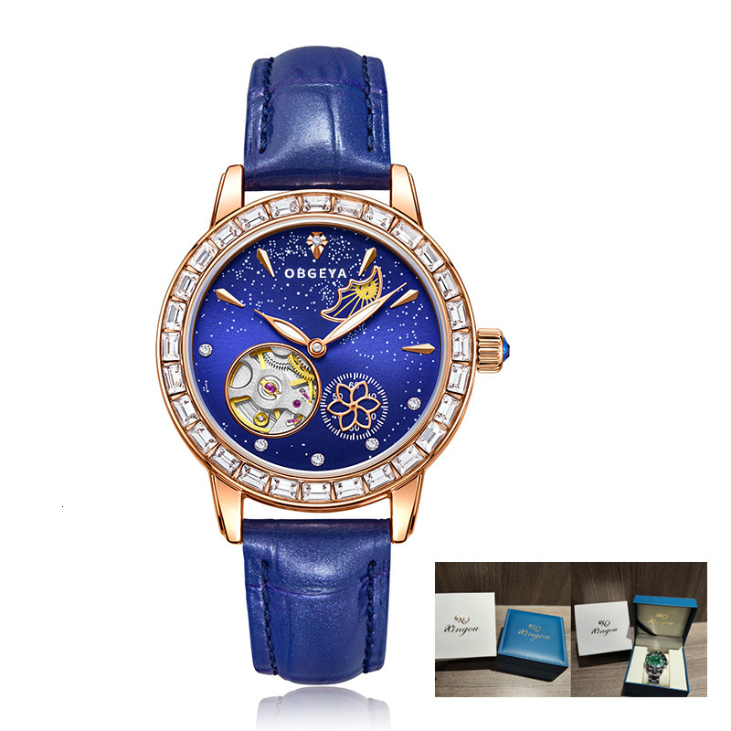 Birthday Gift: Elegant Diamond-Encrusted Mechanical Ladies' Watch with Night Glow Leather Strap